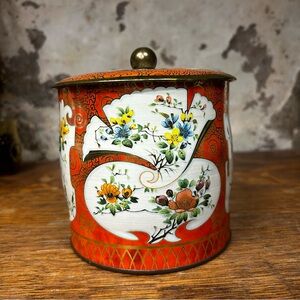 Vintage Flower Orange & Gold Accented Tin Made In England 5 1/2" Tall
